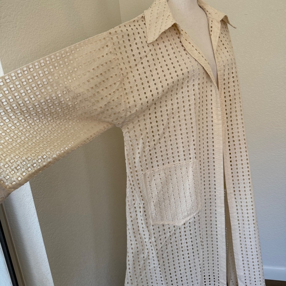 Anthropologie Eyelet Duster Cardigan Womens OS Beige Cotton Longline Open Front - Picture 6 of 7